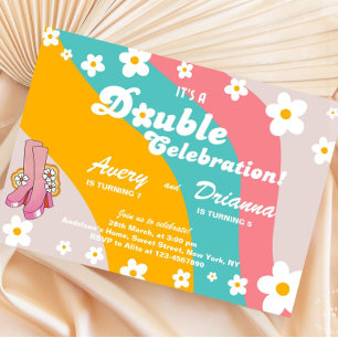 Invitación Groovy Retro Daisy Cumpleaños Conjunto