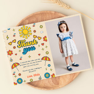 Invitación Groovy Retro Daisy Foto De Cumpleaños Gracias Tarj