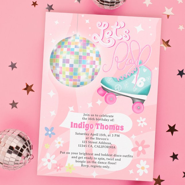 Invitación Groovy retro disco floral patín roller Sweet 16 (Subido por el creador)