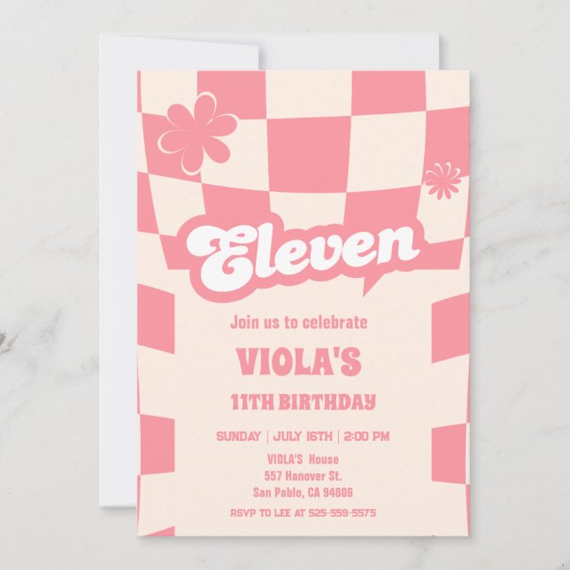 Invitación Groovy Retro Eleven Pink 11 cumpleaños (Anverso)