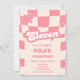 Invitación Groovy Retro Eleven Pink 11 cumpleaños