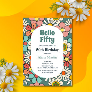 Invitación Groovy Retro Flor Hippie Hola Cincuenta Cumpleaños