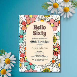Invitación Groovy Retro Flor Hippie Hola Sesenta Cumpleaños