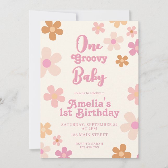 Invitación Groovy Retro Floral 1er cumpleaños (Anverso)