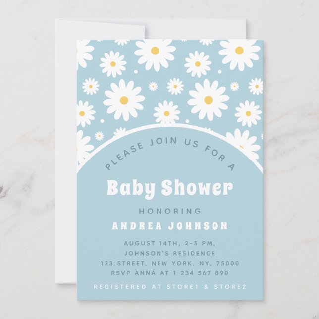 Invitación Groovy Retro Floral Dusty Blue Daisy Baby Shower (Anverso)