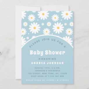 Invitación Groovy Retro Floral Dusty Blue Daisy Baby Shower