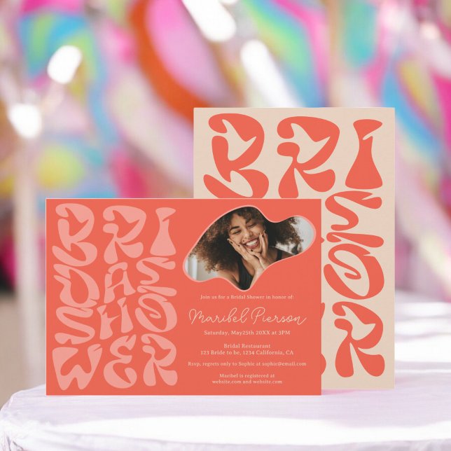 Invitación Groovy retro Guión melocotón Foto ducha de novia (Groovy retro Script peach Photo bridal shower Invitation)