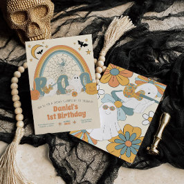 Invitación Groovy Retro Halloween cumpleaños de chico fantasm