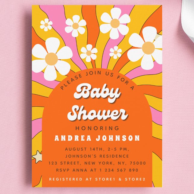 Invitación Groovy Retro Hippie Arch Daisy Floral Baby Shower (Subido por el creador)