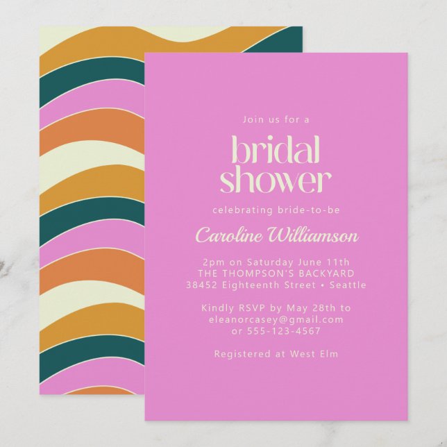 Invitación Groovy Retro Luminoso Líneas de Onda Rosa Brillant (Anverso / Reverso)