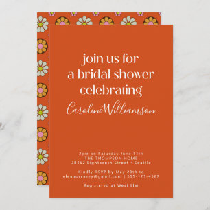 Invitación Groovy Retro Naranja 70 Flores Ducha de novia