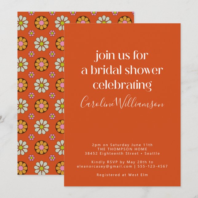 Invitación Groovy Retro Naranja 70s Flores Despedida de Solte (Anverso / Reverso)