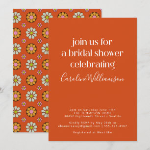 Invitación Groovy Retro Naranja 70s Flores Despedida de Solte