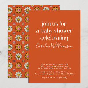 Invitación Groovy Retro Naranja Años 70 Flores Baby Shower 