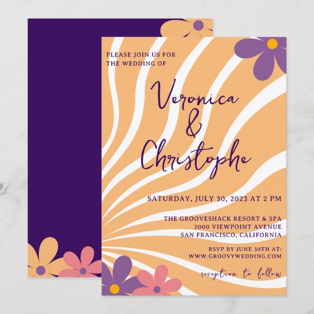 Invitación Groovy Retro Naranja Boda Purple Floral (Anverso / Reverso)
