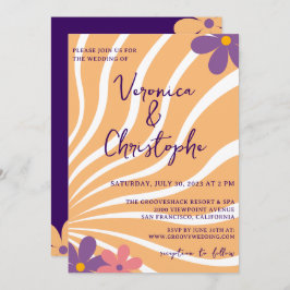 Invitación Groovy Retro Naranja Boda Purple Floral