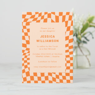 Invitación Groovy Retro Naranja Checkerboard Bat Mitzvah