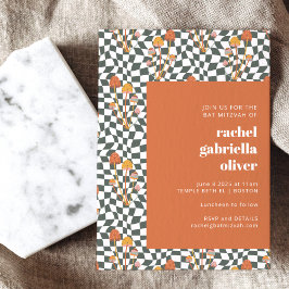 Invitación Groovy Retro Naranja Green Checkerboard Bat Mitzva