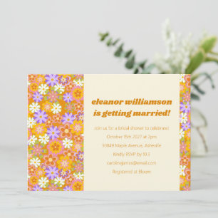 Invitación Groovy Retro Naranja Morado Floral Ducha de novia