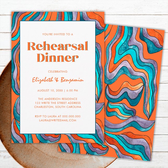 Invitación Groovy Retro Naranja Wavy Boda ensayo Cena (Front and Back)