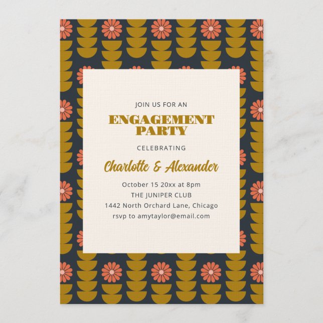 Invitación Groovy Retro Navy Blue Botanical Engagement Party  (Anverso)