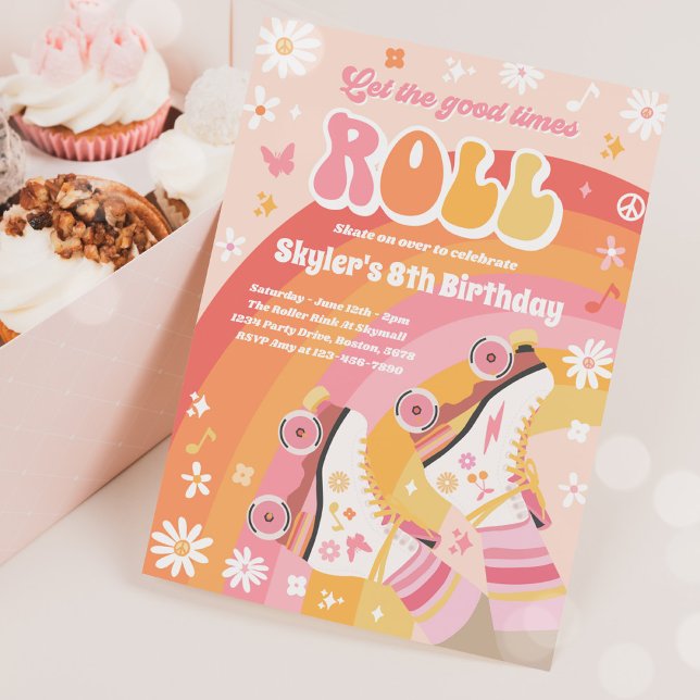 Invitación Groovy Retro Rainbow Roller Fiesta de cumpleaños (Subido por el creador)