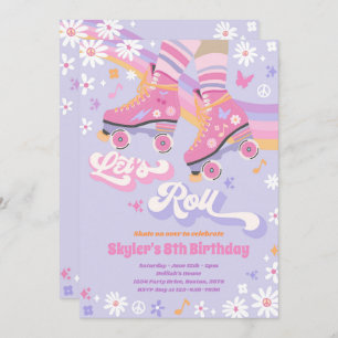 Invitación Groovy Retro Rainbow Roller Fiesta de cumpleaños