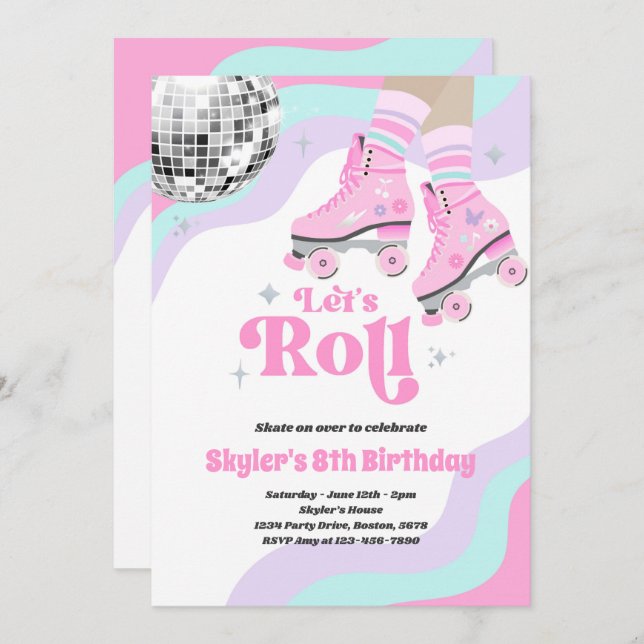 Invitación Groovy Retro Roller Patinaje Disco Fiesta de cumpl (Anverso / Reverso)