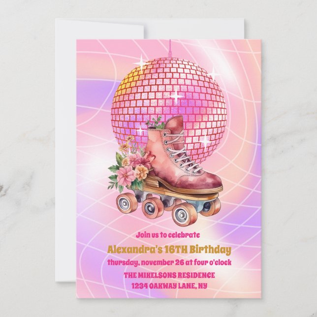 Invitación Groovy Retro Roller Skating Sweet 16 Cumpleaños (Anverso)
