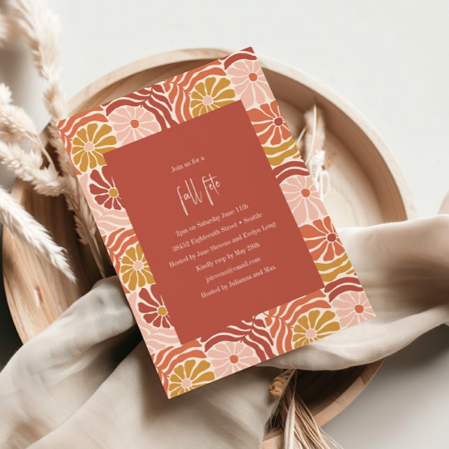 Invitación Groovy Retro Rosado Floral Boho Fall (Subido por el creador)