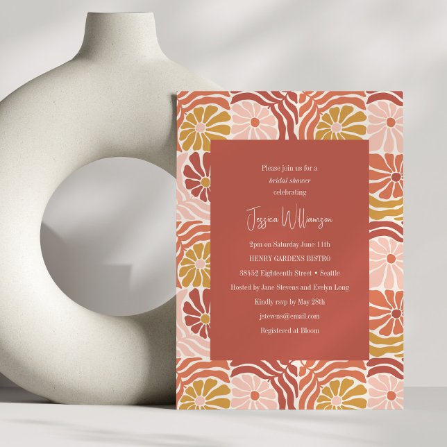 Invitación Groovy Retro Rust Floral Cute Brillante Ducha (Subido por el creador)