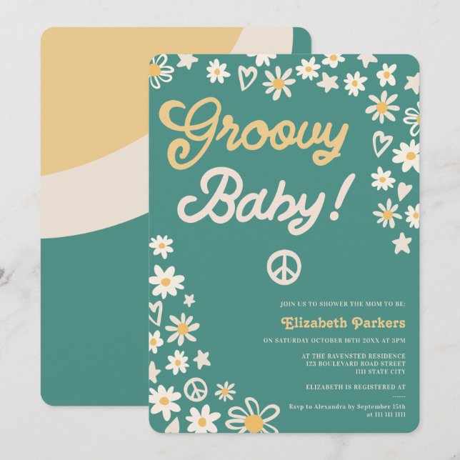 Invitación Groovy retro verde azulado boho baby ducha (Anverso / Reverso)