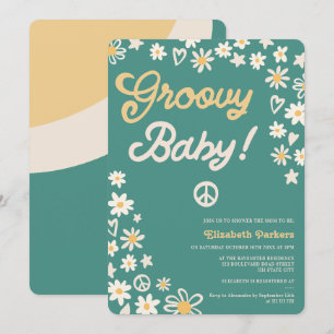 Invitación Groovy retro verde azulado boho baby ducha