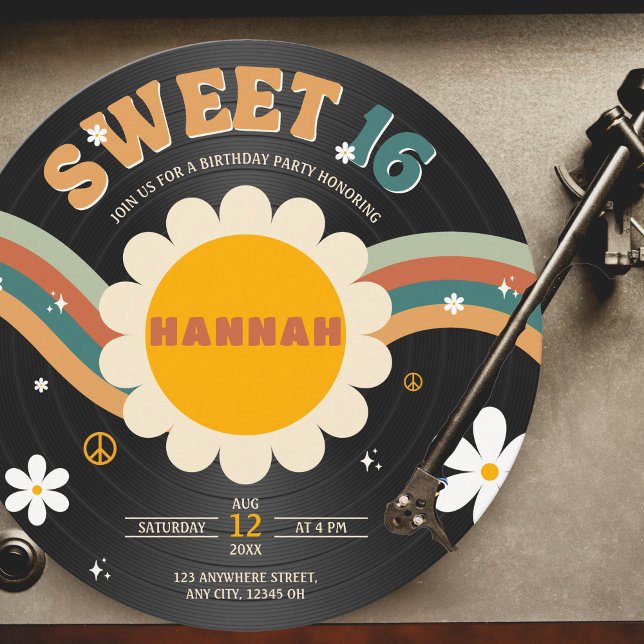 Invitación Groovy Retro Vinyl Record Chica Dulce 16 Cumpleaño (Subido por el creador)