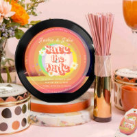 groovy Retro Vinyl Record guardar la fecha Invitac