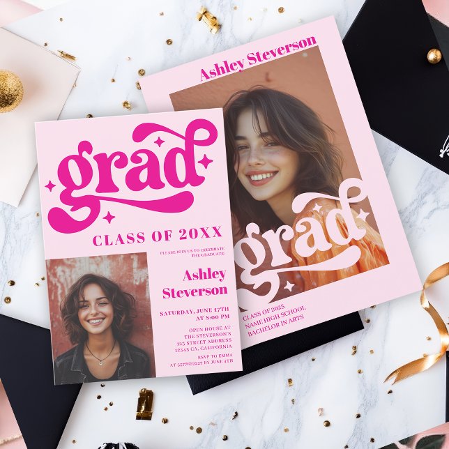Invitación Groovy rosa retro negrita 2 fotos fiesta de gradua (Bold Retro Pink Groovy 2 photos Graduation Party Invitation)
