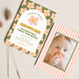 Invitación Groovy rosa verde floral Un bebé primer cumpleaños