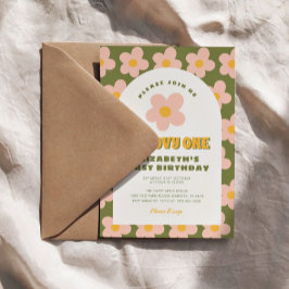 Invitación Groovy rosa verde floral Un bebé primer cumpleaños