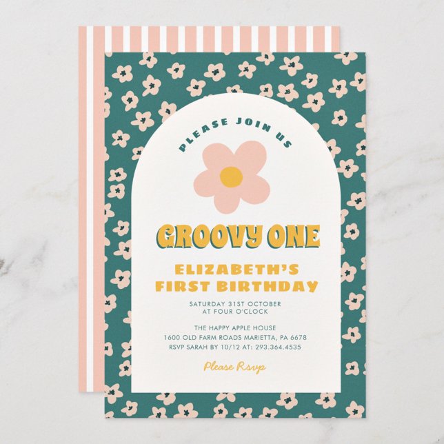 Invitación Groovy rosa verde floral Un bebé primer cumpleaños (Subido por el creador)