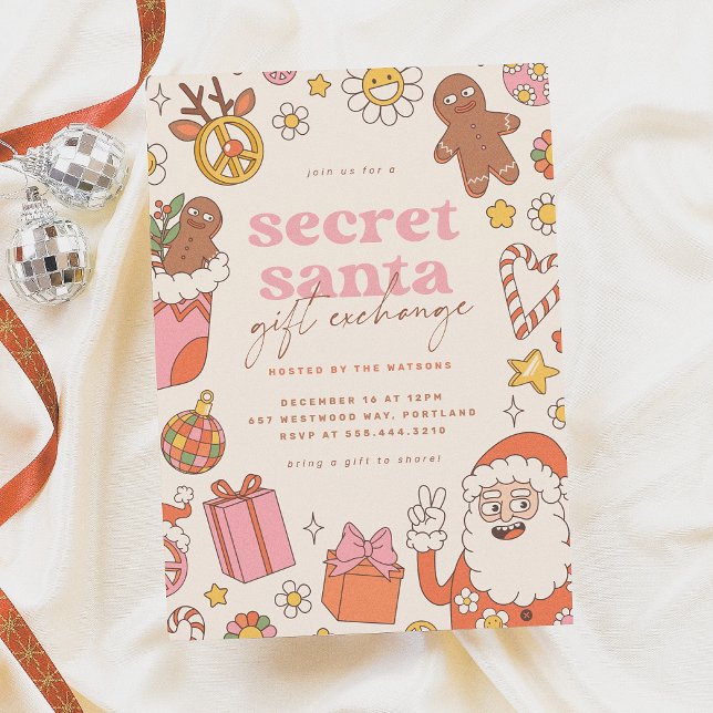 Invitación Groovy Secret Santa Exchange Navidades Retro Fiest (Subido por el creador)