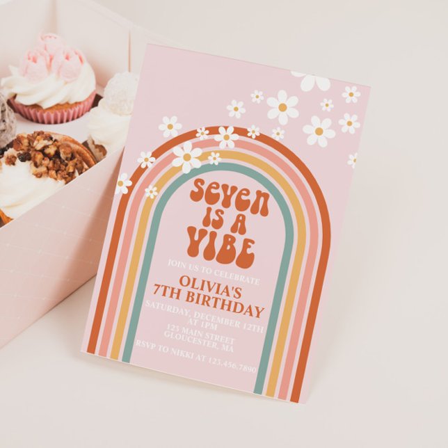 Invitación Groovy Seven es un arcoiris vibe de 7 años (Subido por el creador)