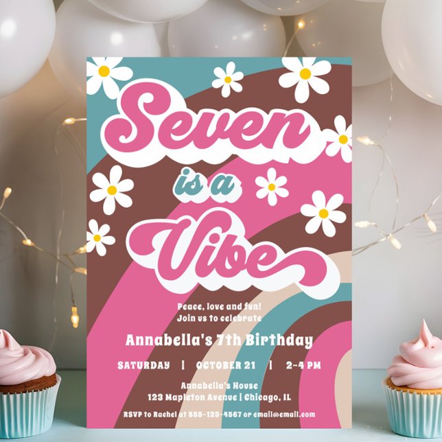 Invitación Groovy Seven es un chica verde azulado rosado de V (Subido por el creador)