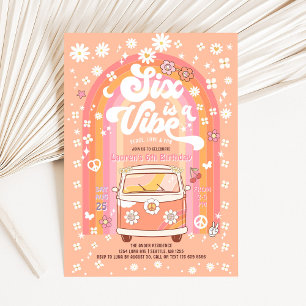 Invitación Groovy Six es un Vibe Van Bus 6º cumpleaños