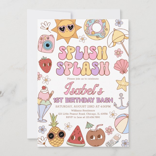 Invitación Groovy Splish Splash Beach Bash Cumpleaños (Anverso)