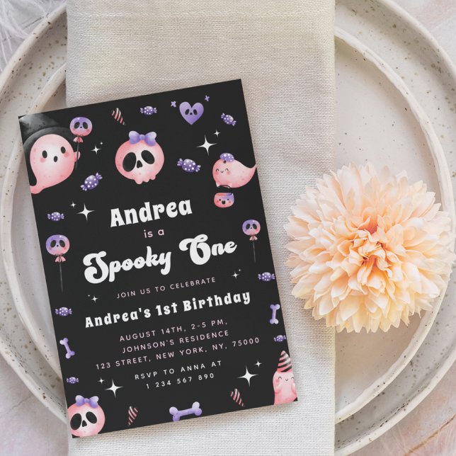 Invitación Groovy Spooky One & Pink Ghost Chica Primer Cumple (Subido por el creador)