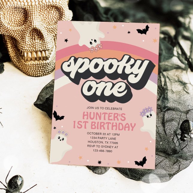 Invitación Groovy Spooky Un Chica Primer cumpleaños Halloween (Subido por el creador)
