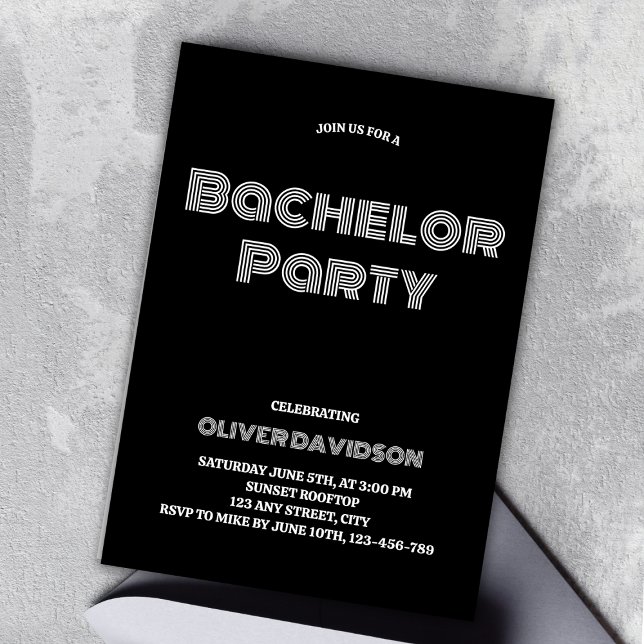 Invitación Groovy Stylish Black BachelParty (Groovy Stylish Black Bachelor Party Invitation)