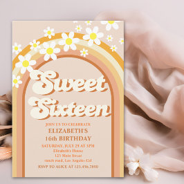 Invitación Groovy Sweet Sixteen | Retro Rainbow & Daisy Flowe