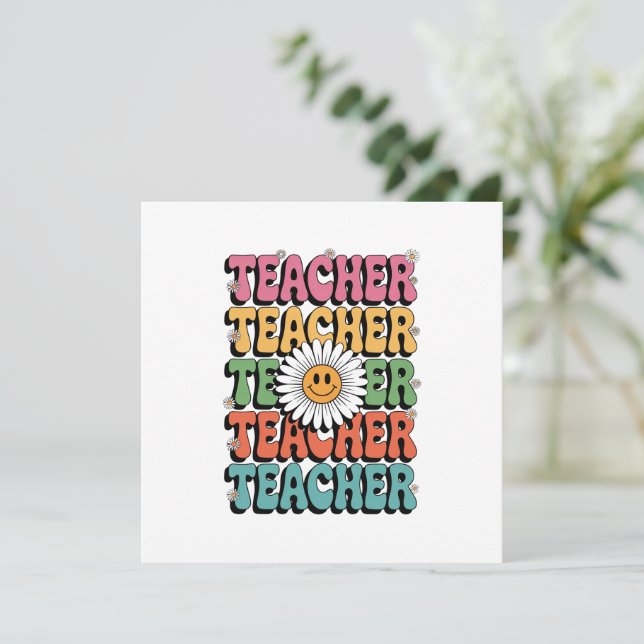 Invitación Groovy Teacher Cute Daisy Flower Retro Back School (Anverso de pie)