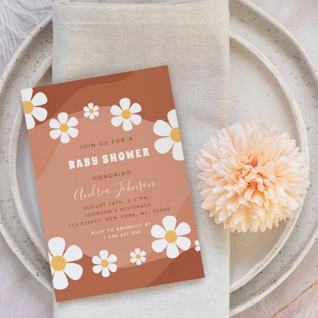Invitación Groovy Terracotta Retro Boho Daisy Baby Shower (Subido por el creador)